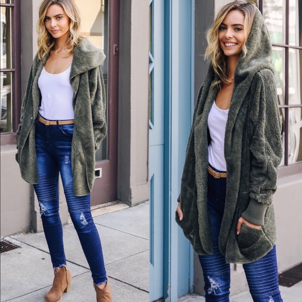 LAST ONE • Olive Green Soft Sherpa Jacket Cardigan - Picture 3 of 6